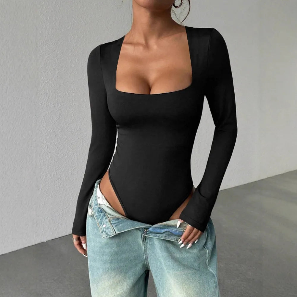 Basic Square Neck Long Sleeve Bodysuit Blouse for Women Sexy Slim Fit Solid Color Bodysuits Streetwear Y2K