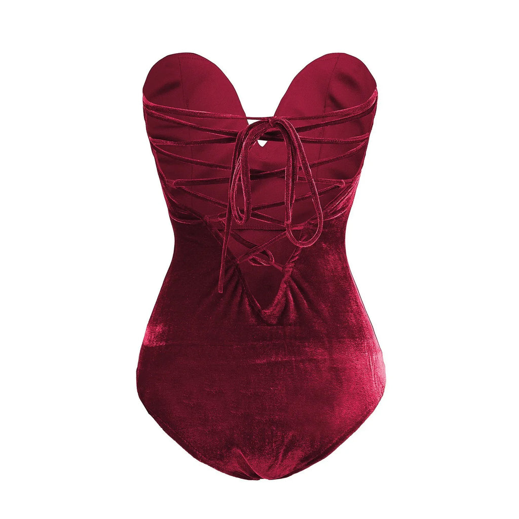 CM.YAYA Vintage Women Velvet Strapless Sleeveless Bodycon Bodysuits 2025 Spring Basic Sexy Party Evening Club Tops One Piece