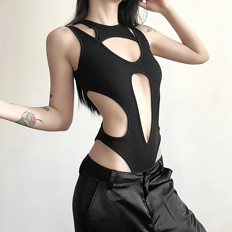 Combhasaki Womens Y2K Goth Bodysuit Backless Hollow Out High Neck Sheer Mesh Irregular Cutout Partywear Long Sleeve Jumpsuit